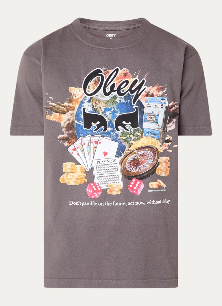 Obey Heren Act Now T-shirt met print in de kleur Donkergrijs, maat: L
