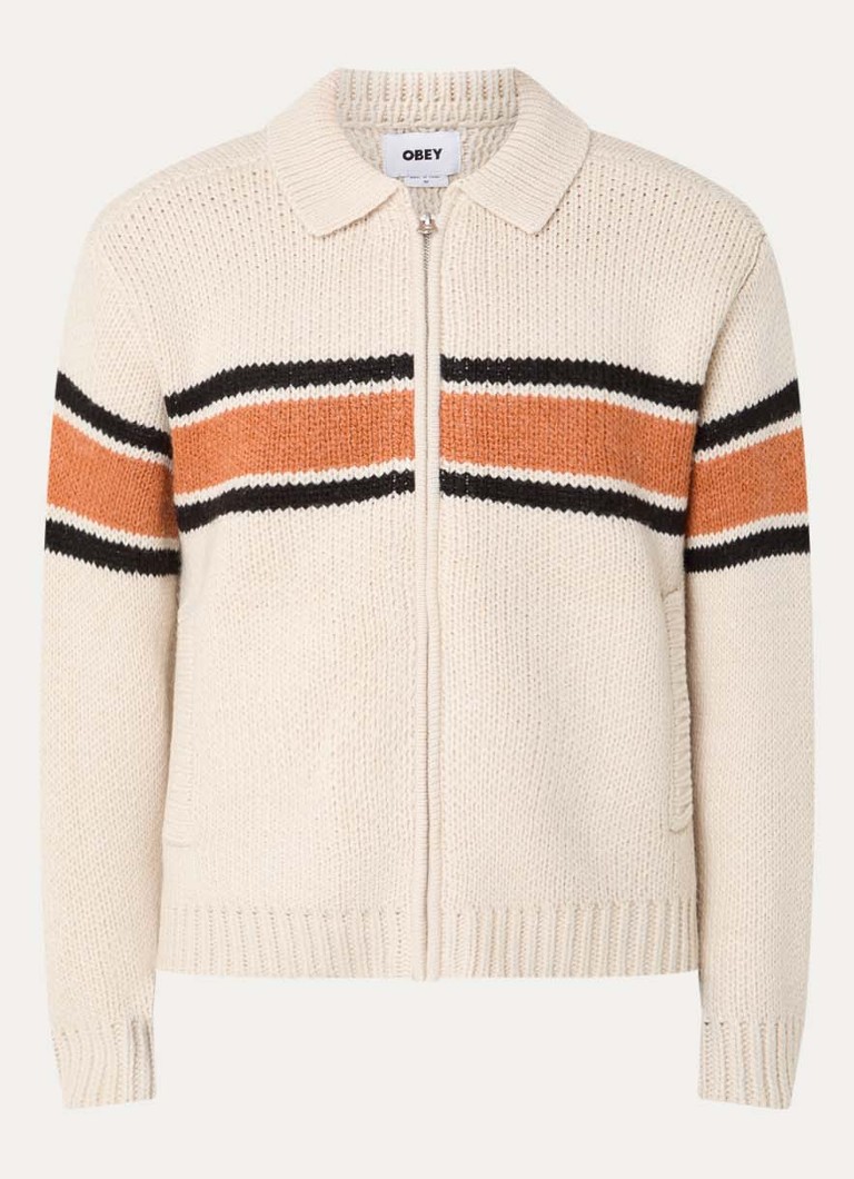 Obey Heren Bernard grofgebreid vest met streepprint in de kleur Beige, maat: S