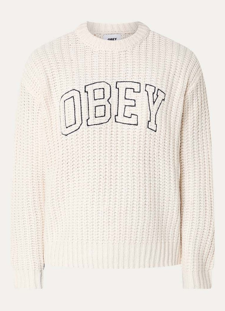 Obey Heren Collegiate grofgebreide trui in wolblend met logoborduring in de kleur Vanillegeel, maat: M