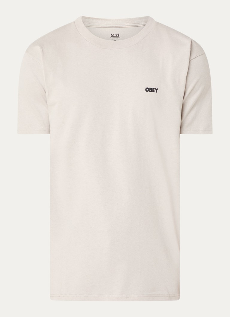 Obey Heren Eyes Open Mind Open T-shirt met logo- en backprint in de kleur Beige, maat: S