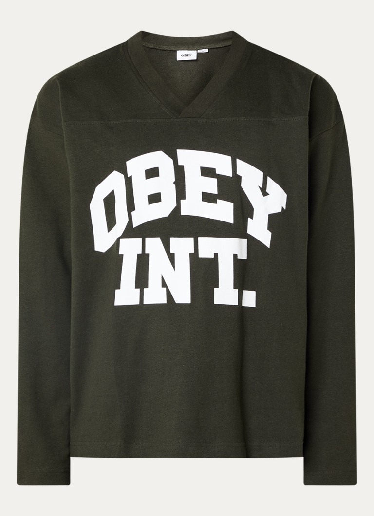 Obey Heren Longsleeve met logoprint in de kleur Bronsgroen, maat: S