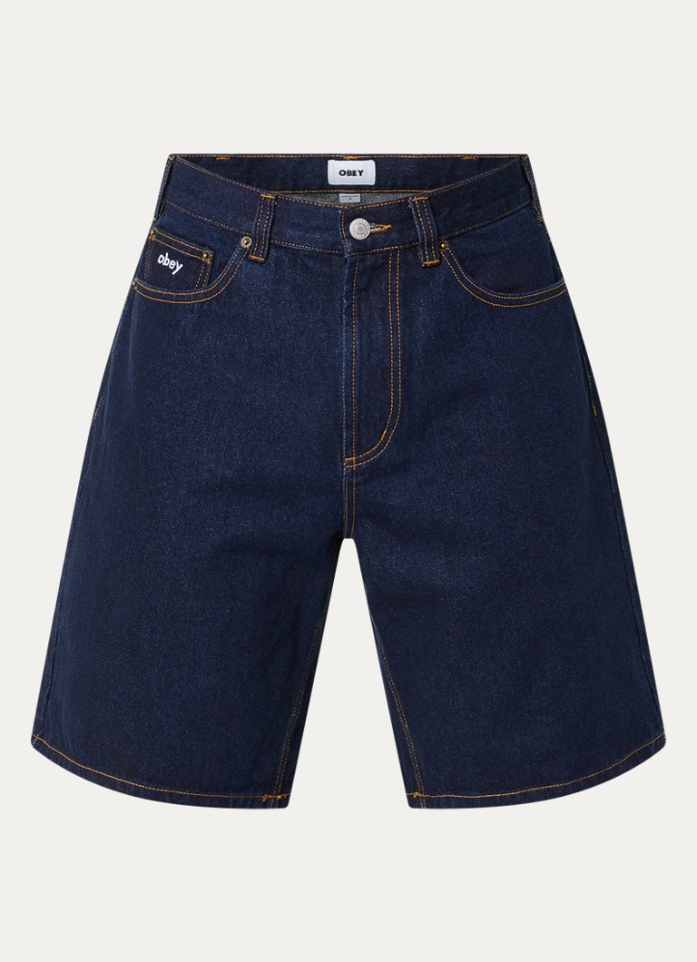 Obey Heren Bigwig wide fit korte broek van denim met donkere wassing in de kleur Indigo, maat: 30