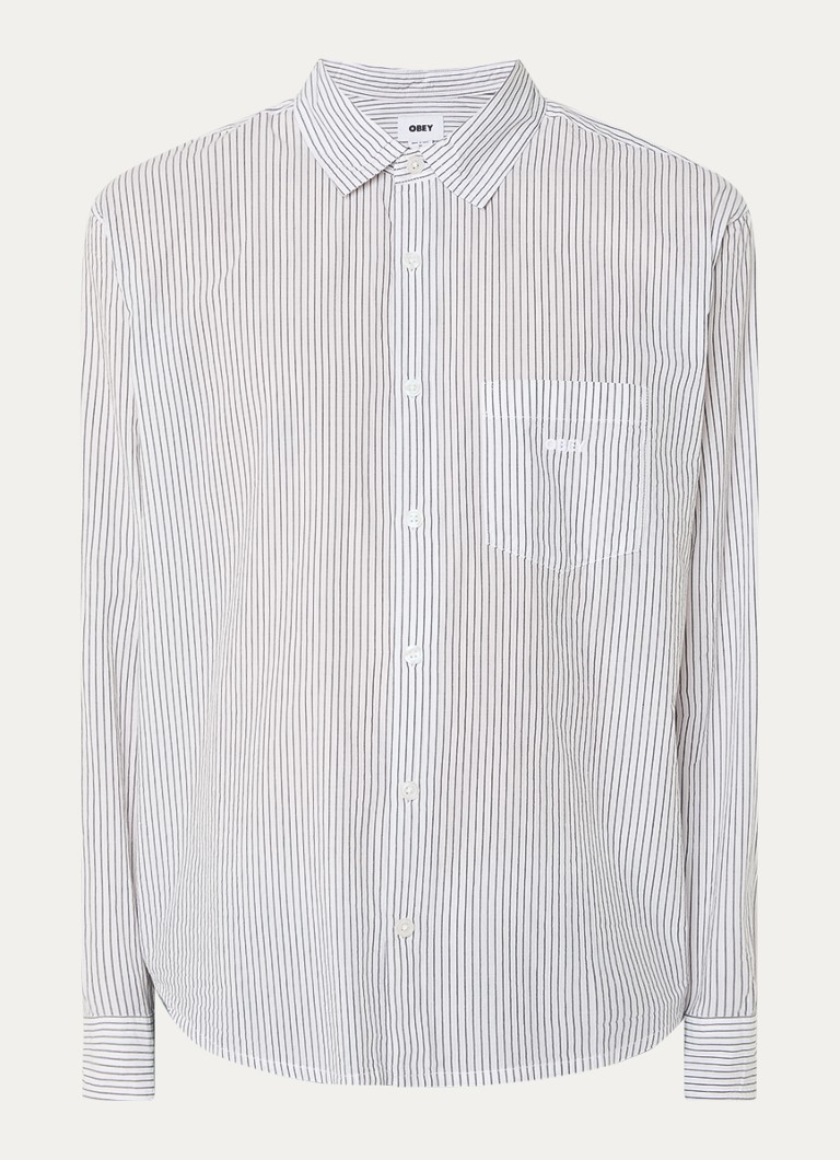 Obey Heren Isaac regular fit overhemd met streepprint en borstzak in de kleur Zwart, maat: L