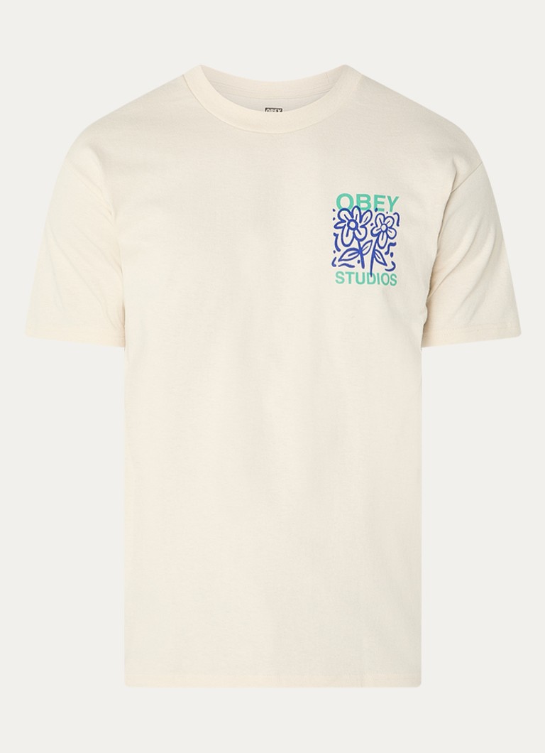 Obey Heren Grown With Love T-shirt met logo- en backprint in de kleur Beige, maat: S