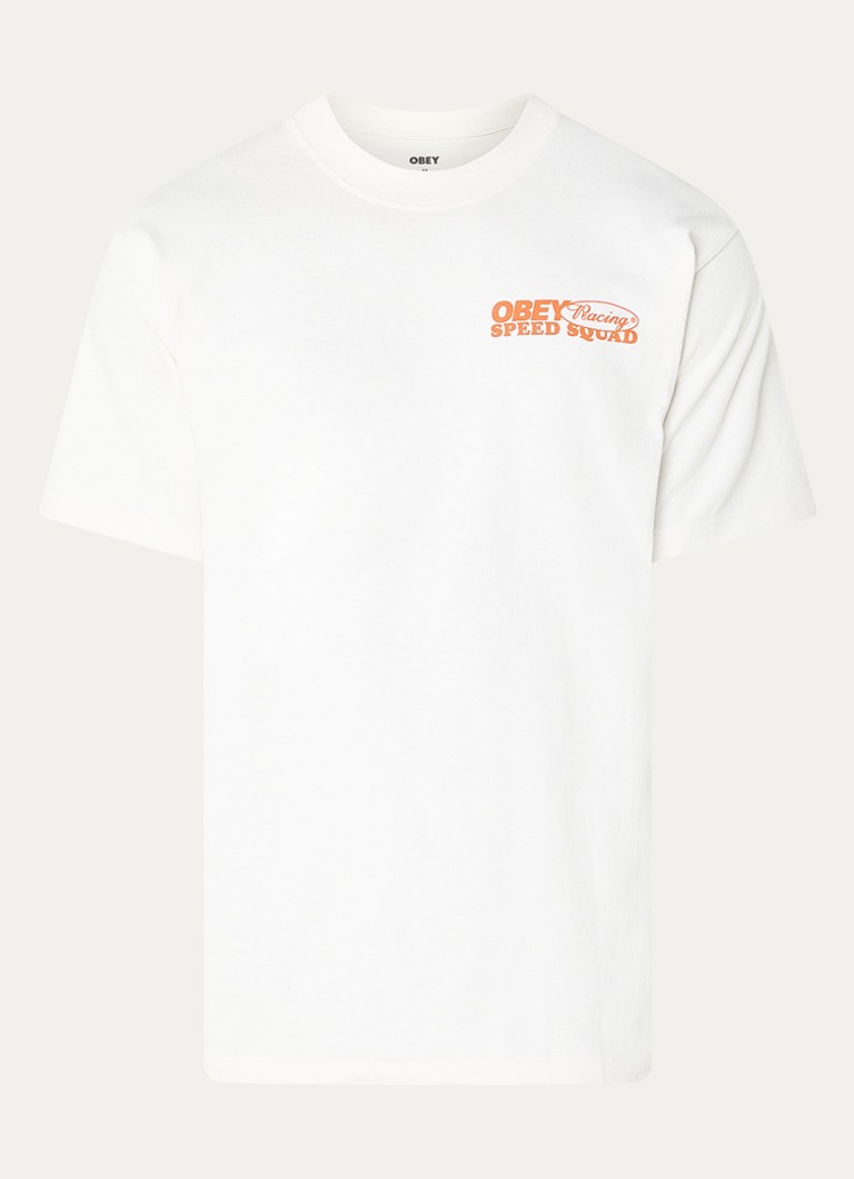 Obey Heren Speed Squad T-shirt met logo- en backprint in de kleur Gebroken wit, maat: S