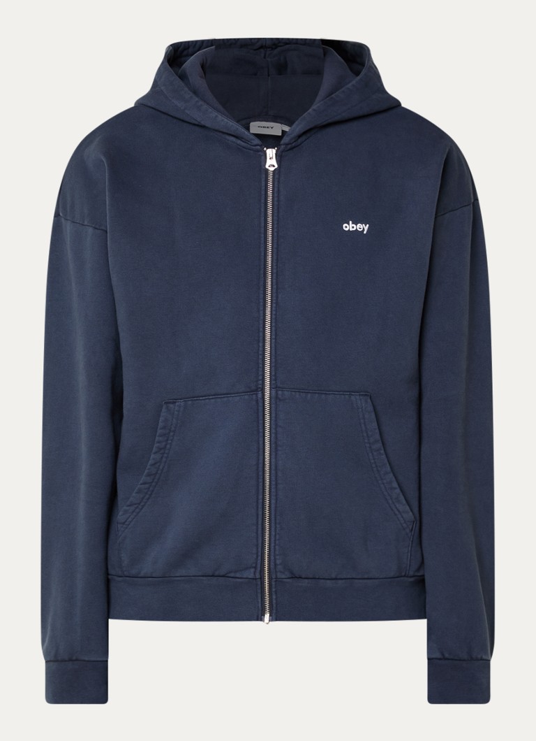 Obey Heren Sweatvest met logo en steekzakken in de kleur Donkerblauw, maat: XL