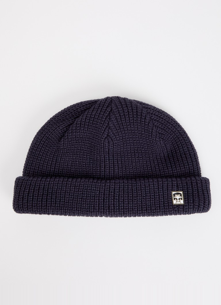Obey Heren Micro ribgebreide muts met logo in de kleur Donkerblauw, maat: One Size