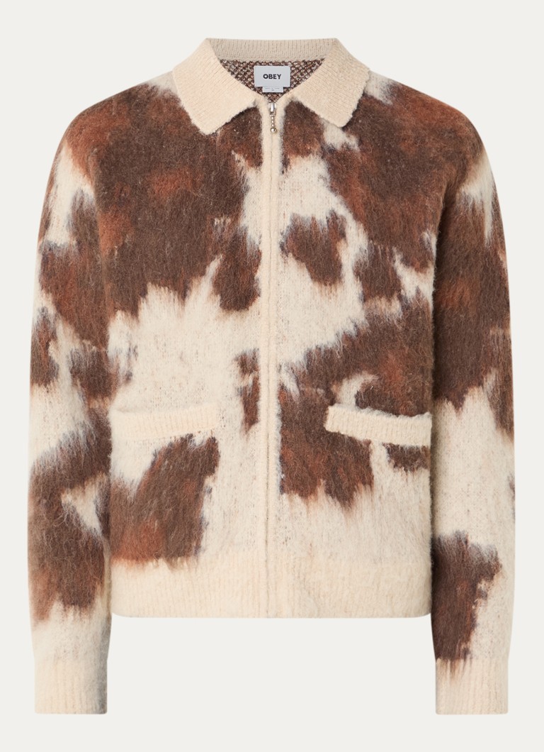 Obey Heren Grofgebreid vest in alpaca wolblend met print in de kleur Bruin, maat: XL
