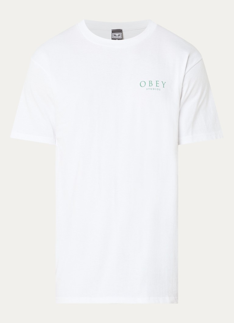 Obey Heren Flores Robus T-shirt met logo- en backprint in de kleur Wit, maat: S