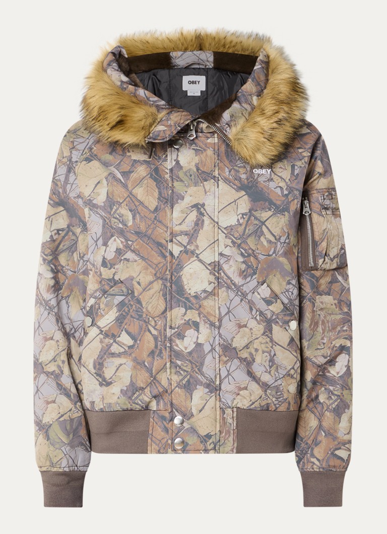 Obey Heren N-2B gewatteerd jack met bladprint en imitatiebontkraag in de kleur Bruin, maat: XL