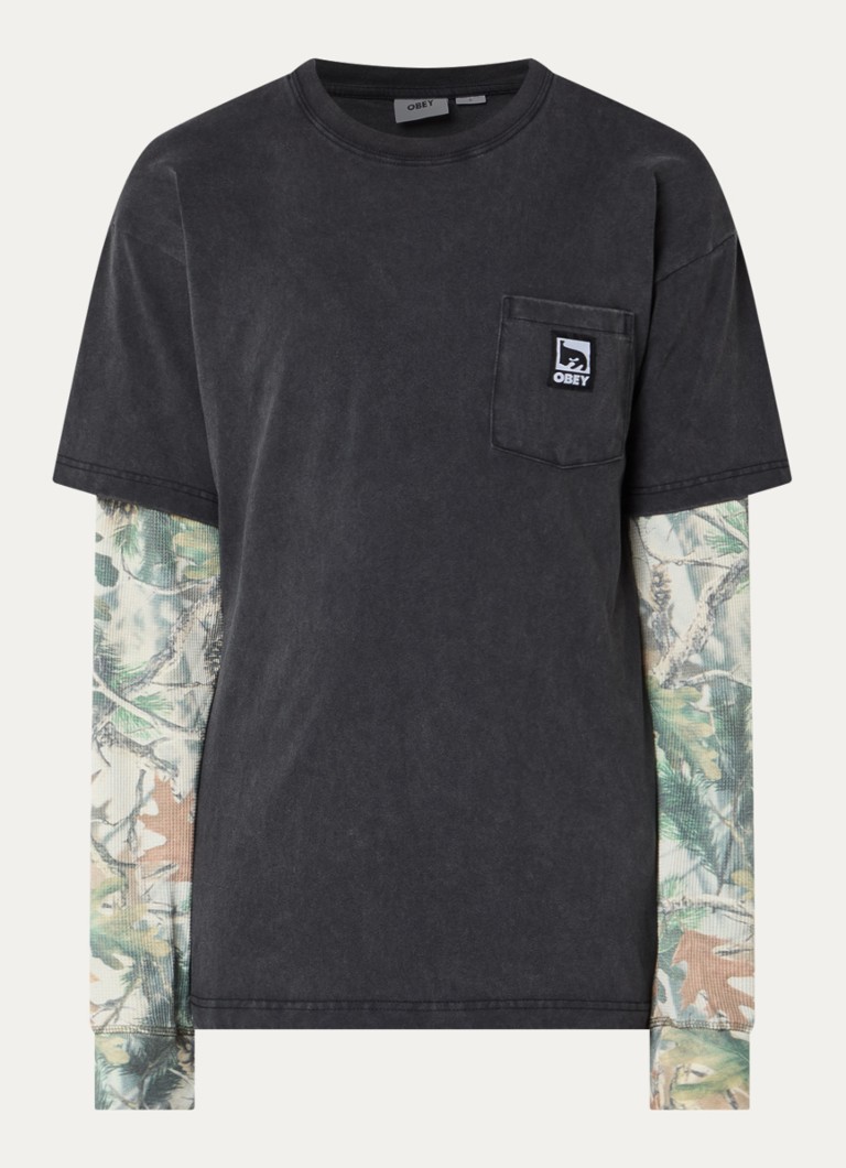 Obey Heren Post longsleeve met camouflageprint in de kleur Zwart, maat: S