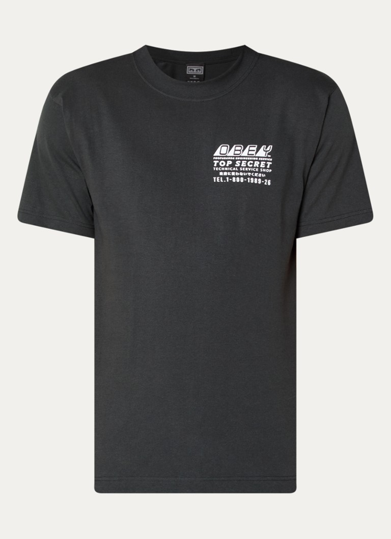 Obey Heren Top Secret T-shirt met front- en backprint in de kleur Antraciet, maat: S