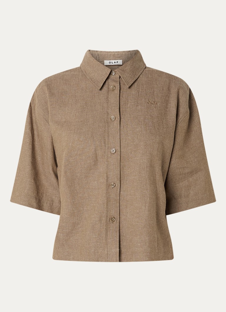 OLAF Dames Blouse van linnen met logoborduring in de kleur Zand, maat: S