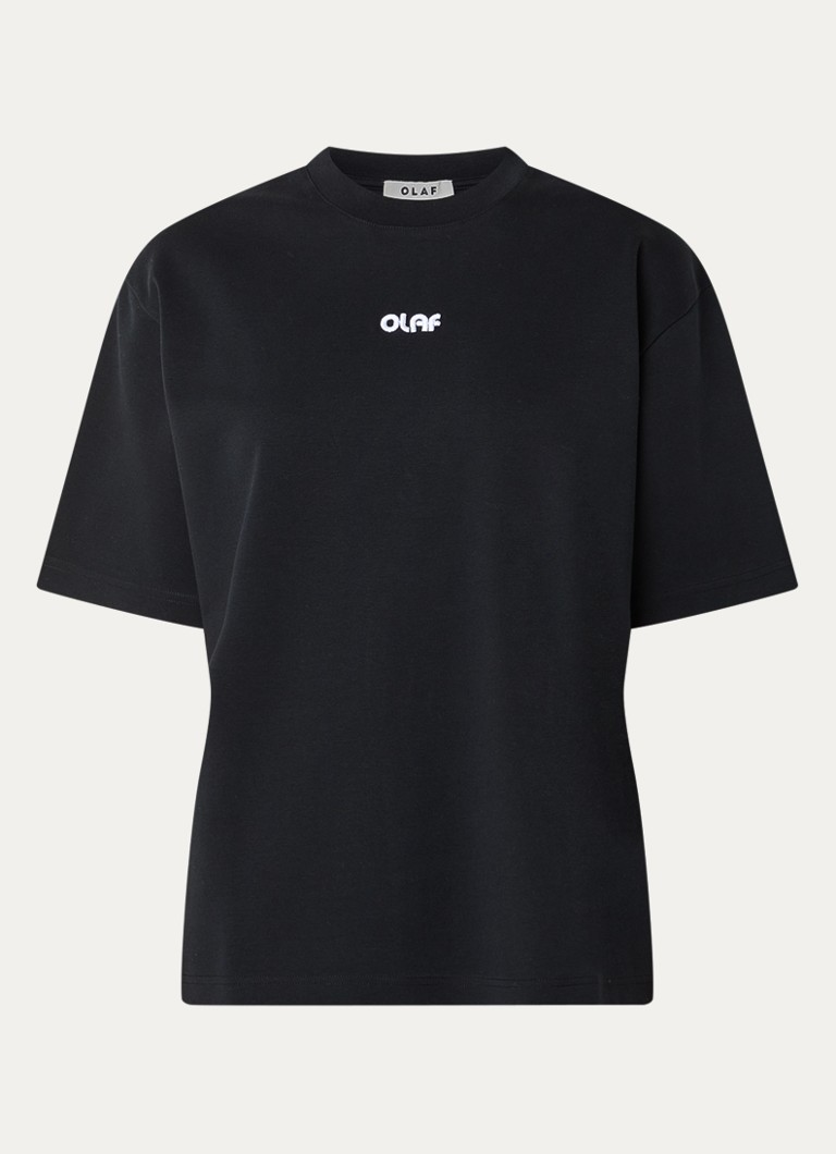 OLAF Dames Paint Tube T-shirt met logo- en backprint in de kleur Zwart, maat: S