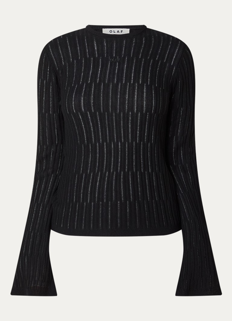 OLAF Dames Retro grofgebreide pullover met opengewerkt dessin in de kleur Zwart, maat: L
