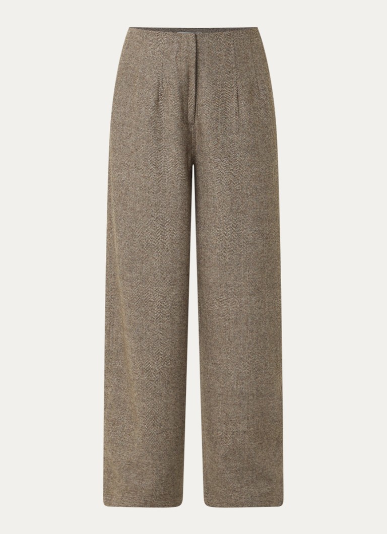 OLAF Dames High waist balloon fit pantalon in wolblend met visgraatdessin in de kleur Taupe, maat: M