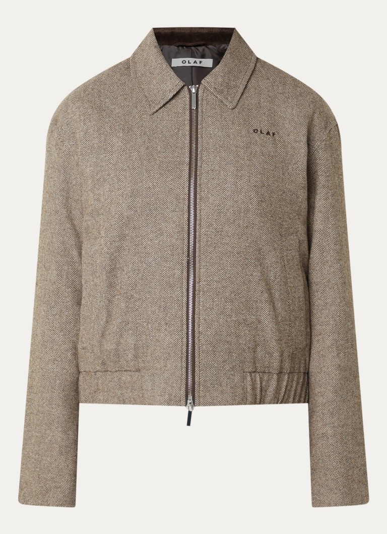 OLAF Dames Cropped jack in wolblend met visgraatdessin in de kleur Taupe, maat: M
