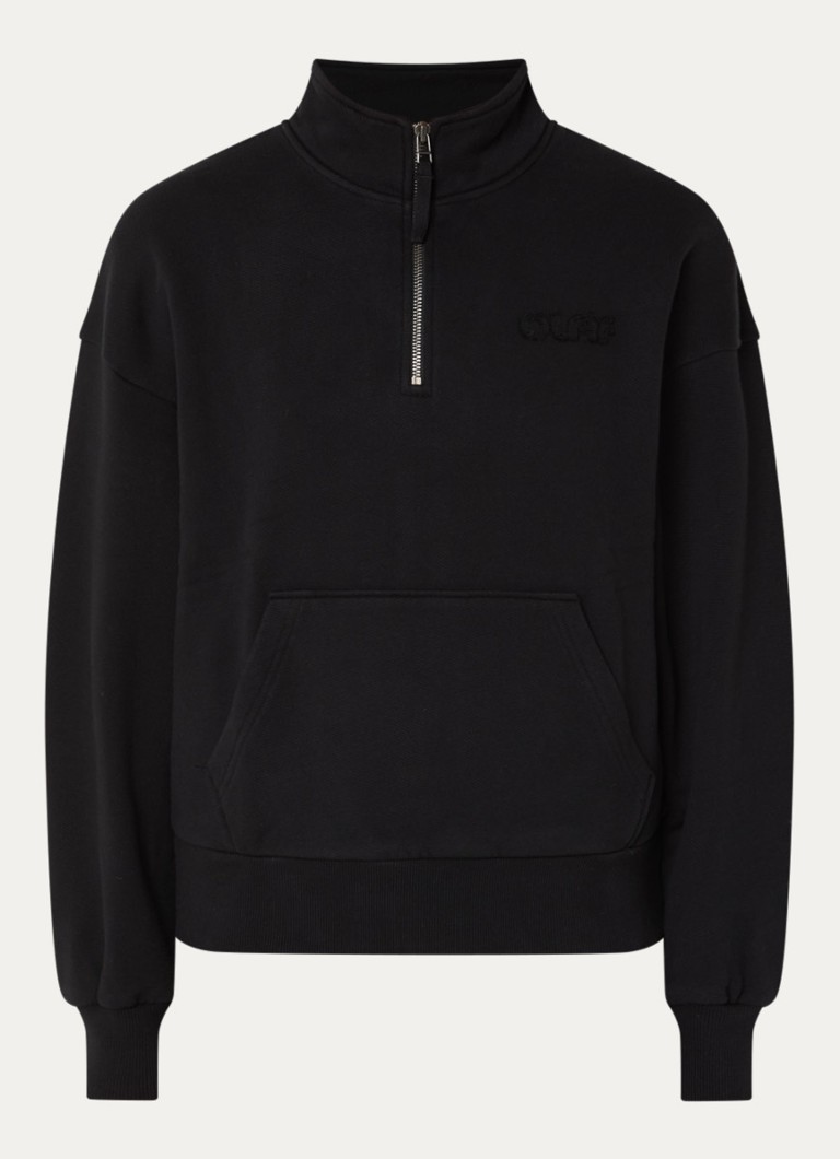 OLAF Dames Sweater met halve rits en logoborduring in de kleur Zwart, maat: M