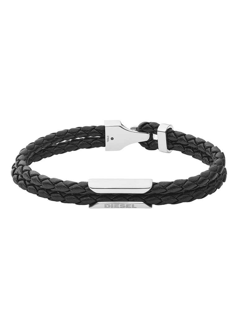 Diesel Heren Wikkelarmband van leer en roestvrij staal in de kleur Zwart