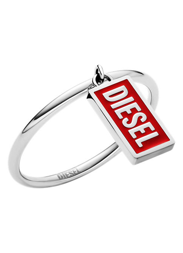 Diesel Heren Ring met logo DX1618931 in de kleur Zilver
