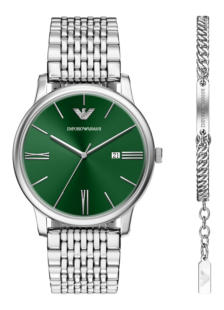Armani Heren Horloge en armband set van 2 AR80087SET in de kleur Zilver