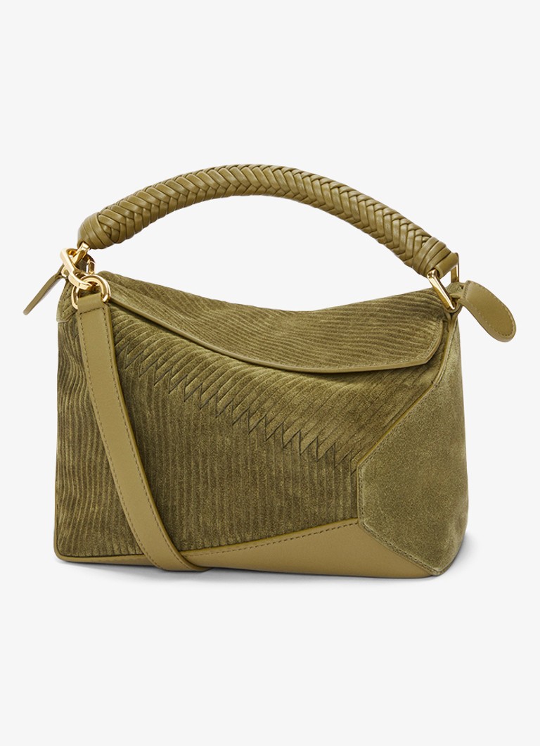 LOEWE Dames Puzzle Edge Diamond Small handtas van suède in de kleur Mosgroen