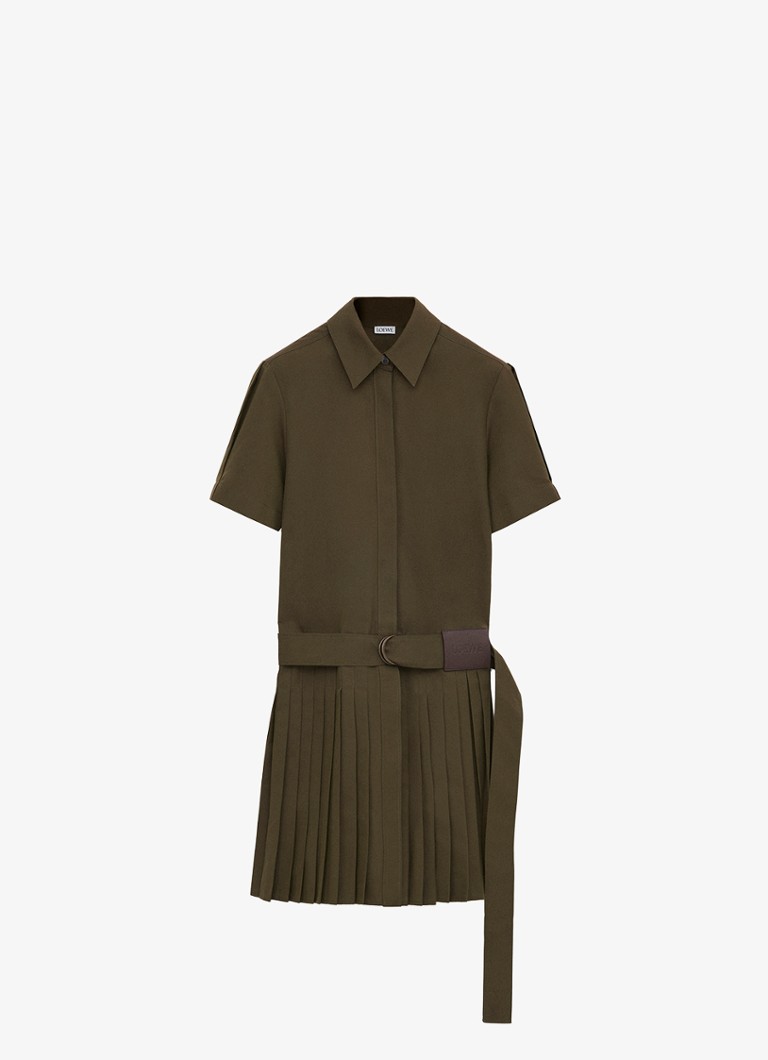 LOEWE Dames Mini blousejurk met ceintuur en plissé in de kleur Khaki