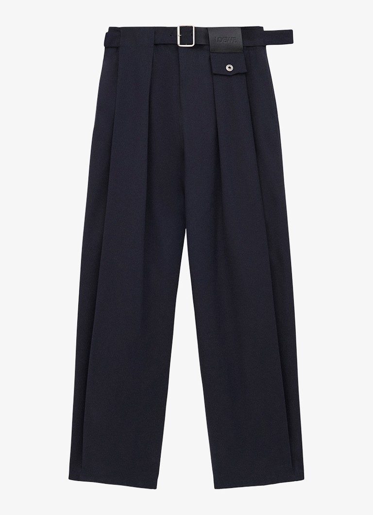 LOEWE Dames High waist loose fit pantalon in zijdeblend met ceintuur in de kleur Donkerblauw