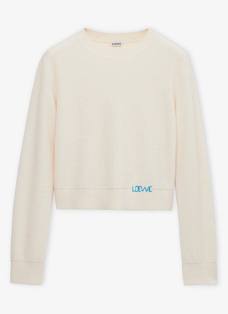 LOEWE Dames Fijngebreide trui van wol met logo in de kleur Gebroken wit