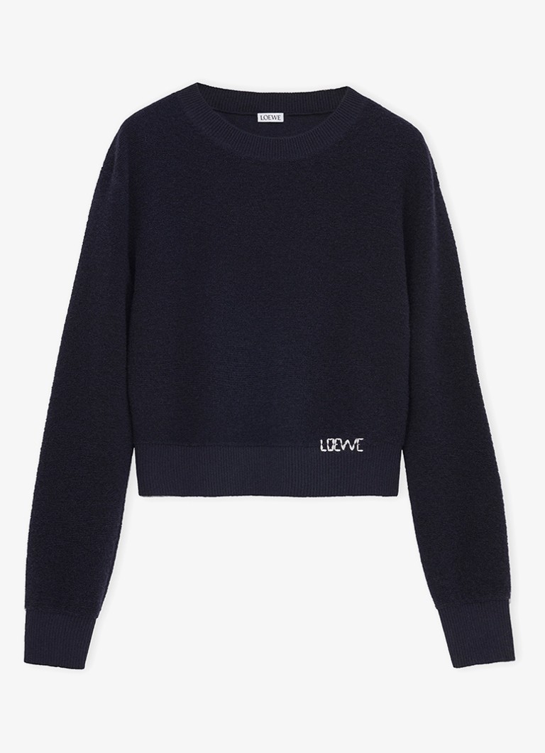 LOEWE Dames Fijngebreide trui van wol met logo in de kleur Donkerblauw