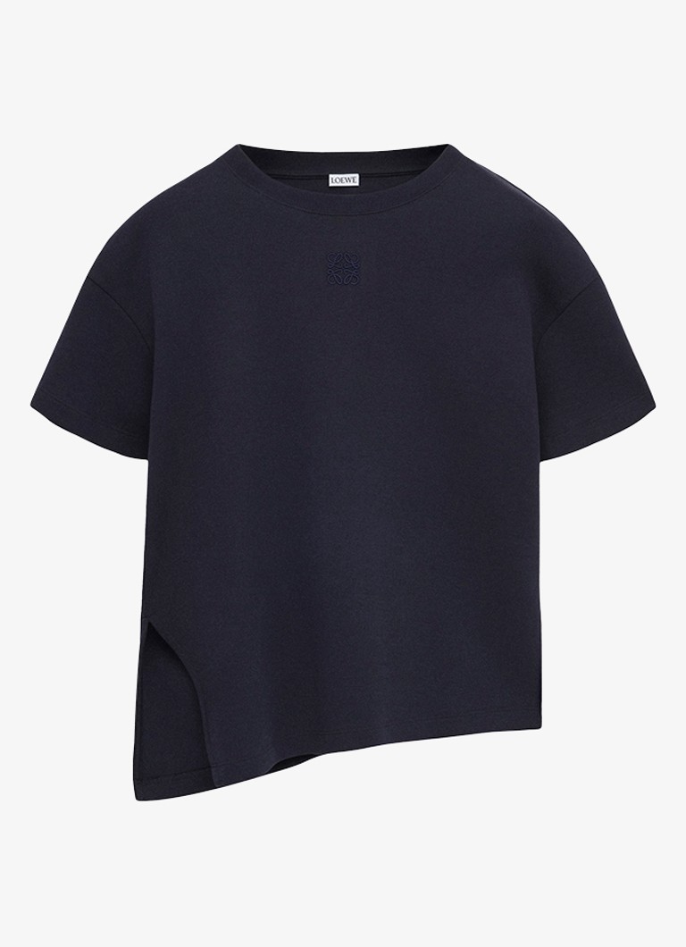 LOEWE Dames T-shirt met logoborduring en asymmetrische zoom in de kleur Donkerblauw