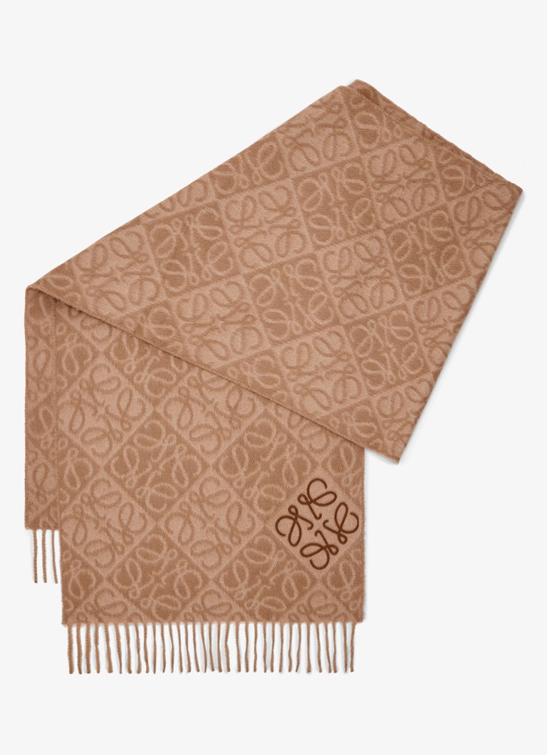 LOEWE Dames Anagram fijngebreide sjaal in kasjmierblend met logo 180 x 38 cm in de kleur Camel