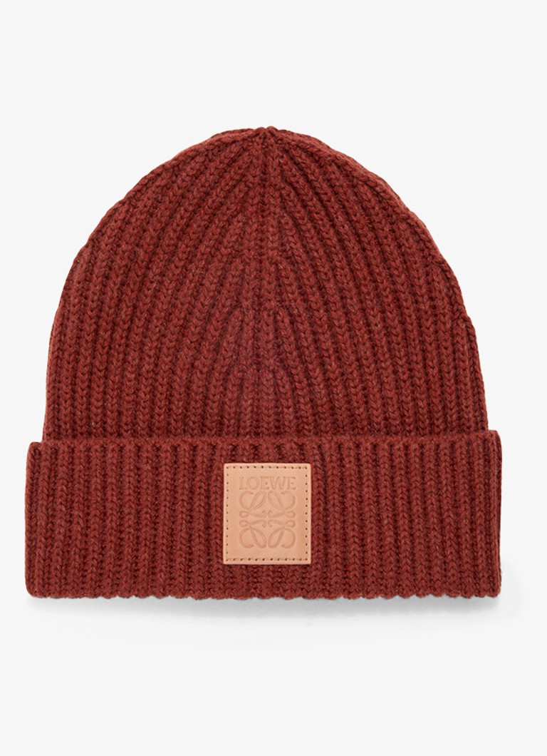 LOEWE Dames Ribgebreide muts van kasjmier met logo in de kleur Roodbruin