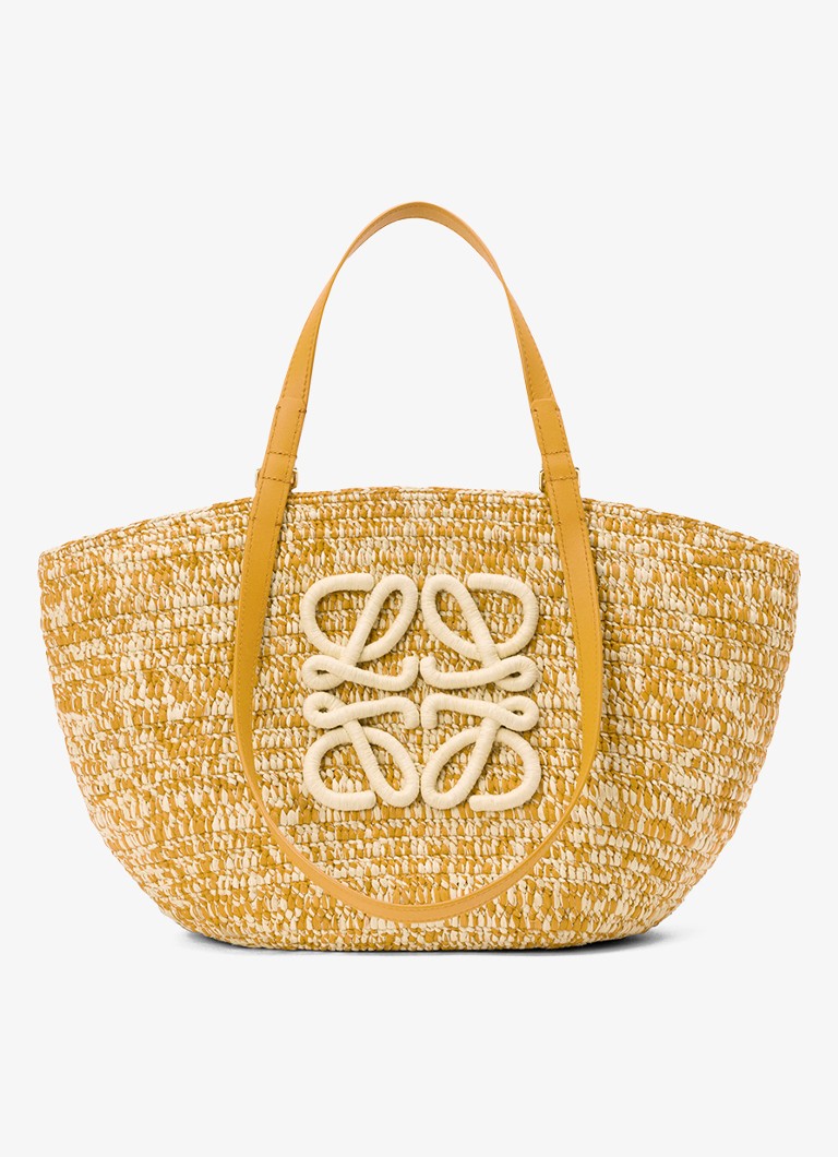 LOEWE Dames Eclipse Medium shopper van raffia met logo in de kleur Mosterd