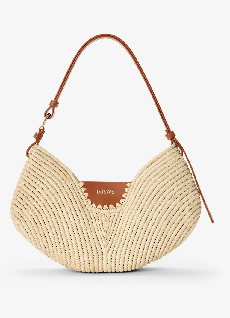 LOEWE Dames Swing Medium schoudertas van raffia met kalfsleren details in de kleur Beige