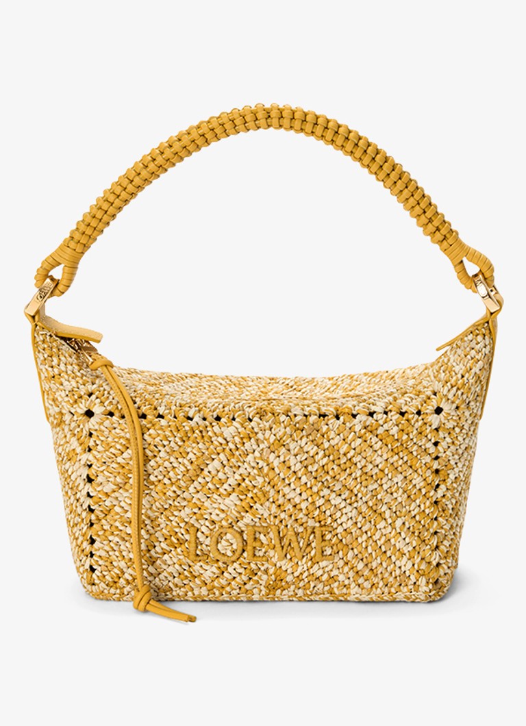 LOEWE Dames Cala Mini handtas van raffia met kalfsleren details in de kleur Mosterd