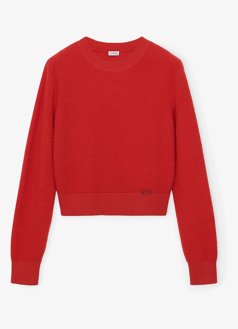 LOEWE Dames Fijngebreide trui van wol met logoborduring in de kleur Rood