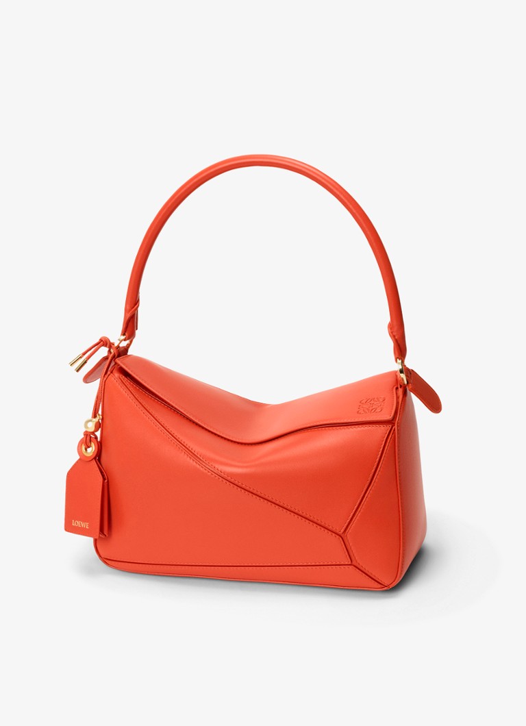 LOEWE Dames Featherlight Puzzle Medium schoudertas van lamsleer in de kleur Oranjerood