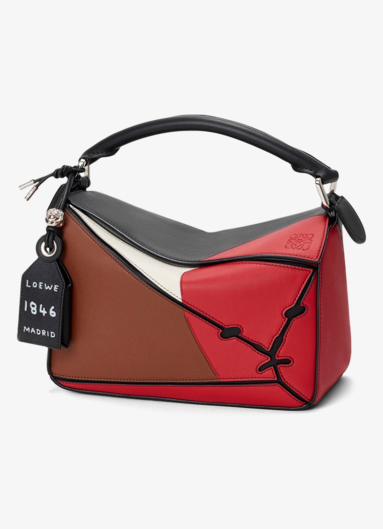 LOEWE Dames Puzzle Small Lion Intarsio handtas van kalfsleer in de kleur Donkerbruin