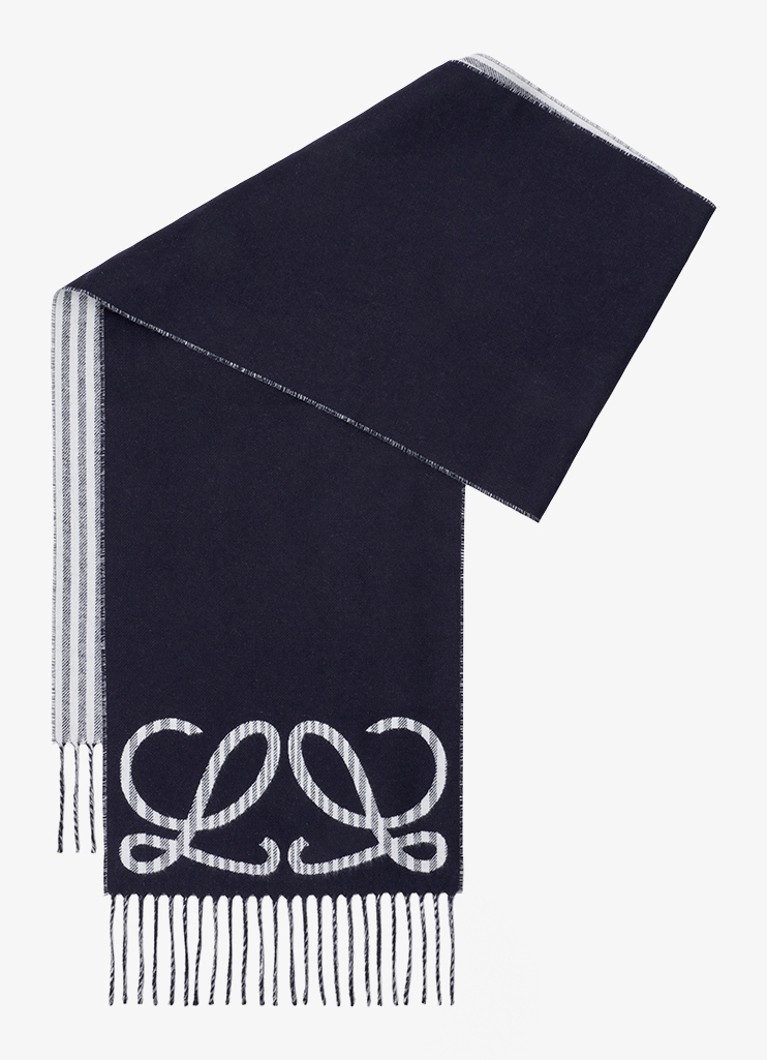 LOEWE Dames Reversible fijngebreide sjaal in kasjmierblend met logo 180 x 28 cm in de kleur Donkerblauw