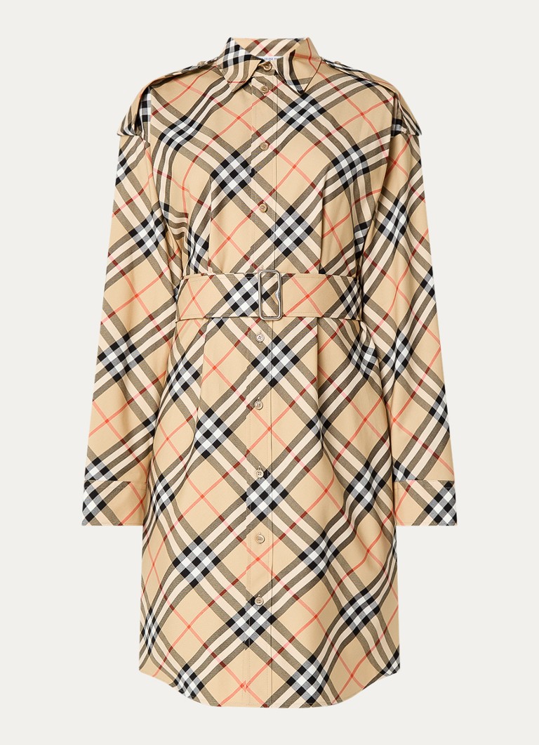Burberry Dames Mini blousejurk met ruitdessin en strikceintuur in de kleur Camel, maat: 40