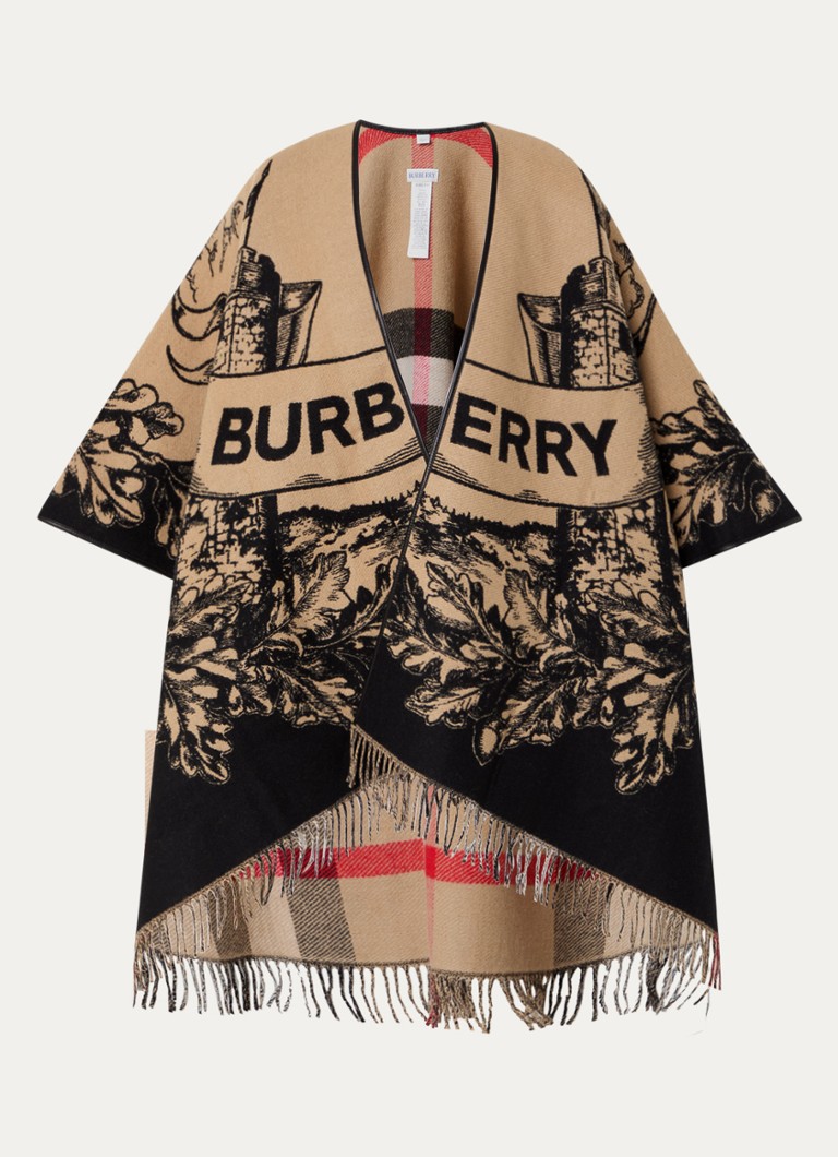 Burberry Dames Cape van wol met logoprint en franjes in de kleur Beige, maat: One Size