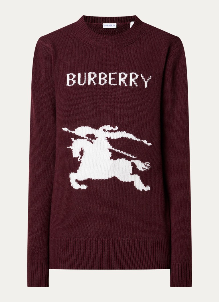 Burberry Dames Scarlett fijngebreide trui in kasjmier wolblend met ingebreid logo in de kleur Aubergine, maat: S