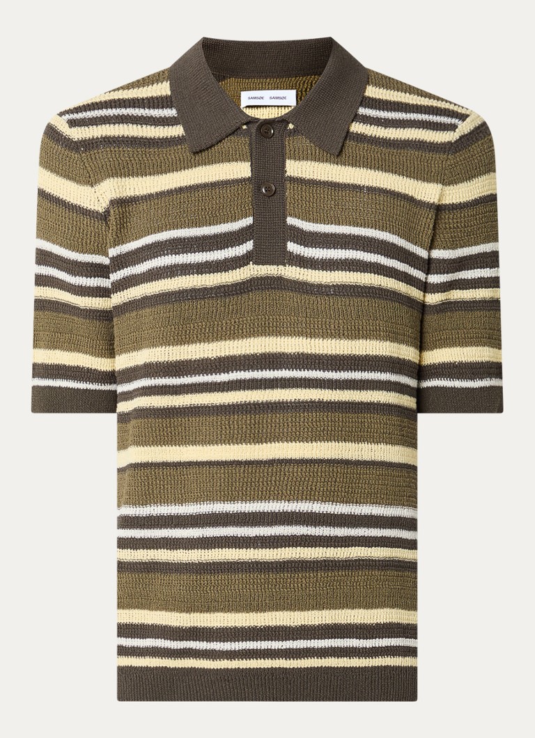 SAMSØE SAMSØE Heren Fijngebreide regular fit polo met streepprint in de kleur Bronsgroen, maat: S
