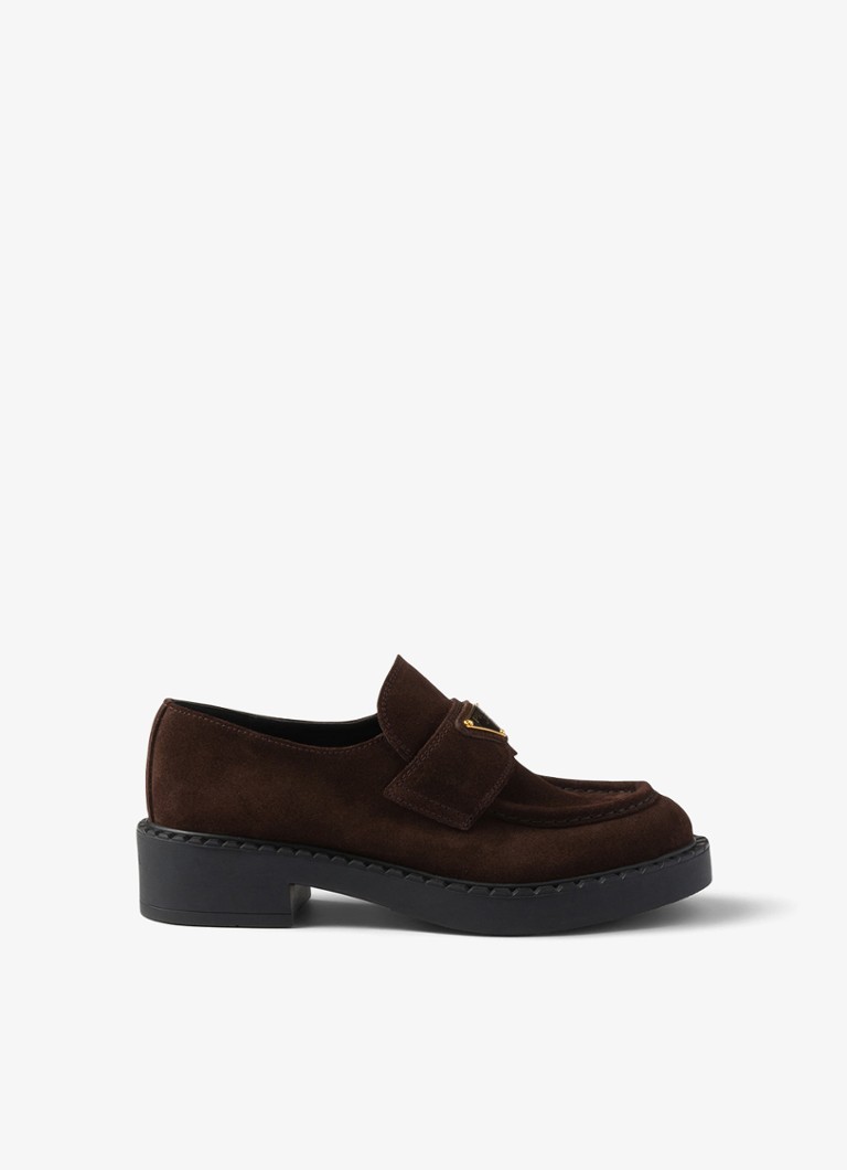 Prada Dames Chocolate loafer van kalfssuède in de kleur Donkerbruin