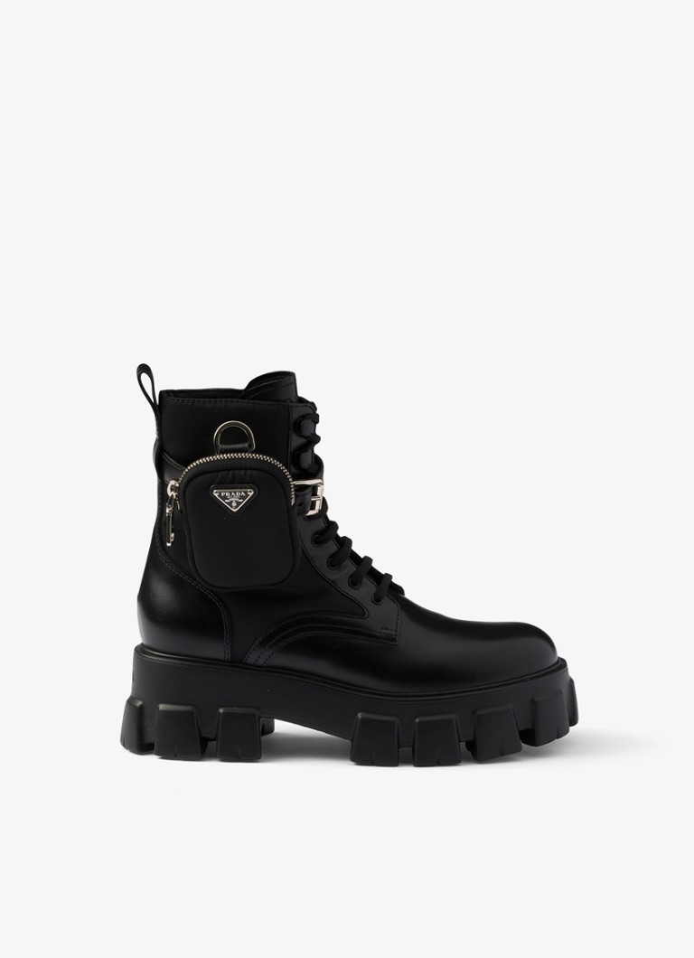 Prada Dames Monolith Re-Nylon biker boot van leer in de kleur Zwart