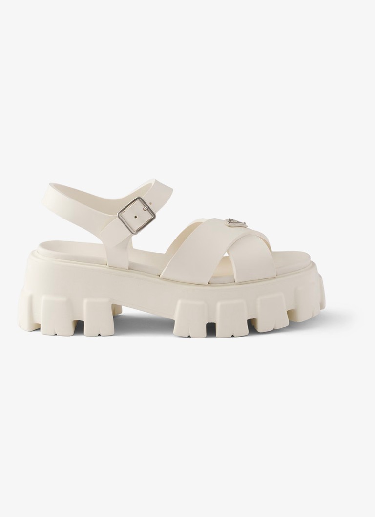 Prada Dames Monolith sandaal van rubber met logo in de kleur Gebroken wit