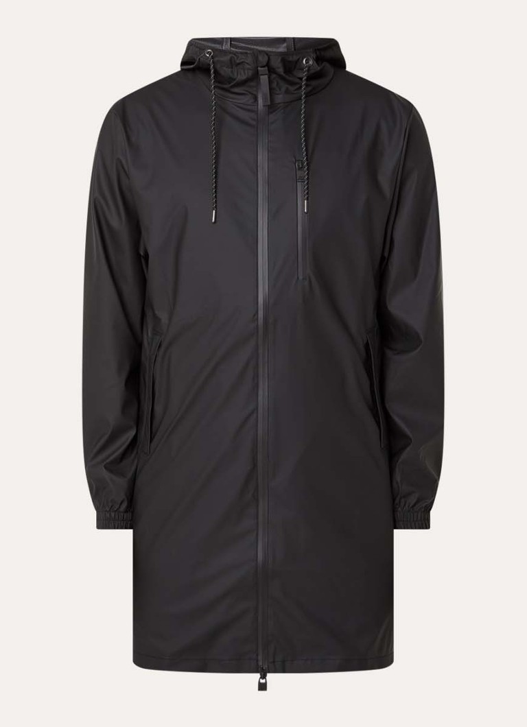 Rains Heren Parka met capuchon en waterafstotende coating in de kleur Zwart, maat: L