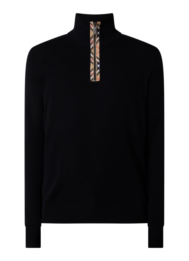 Burberry Heren Fijngebreide pullover van wol met halve rits in de kleur Zwart, maat: L