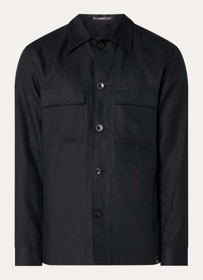 Boggi Milano Heren Regular fit overshirt van linnen met borstzakken in de kleur Zwart